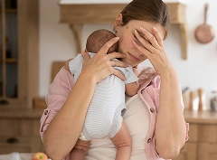 Mãe exausta com o bebê no colo
