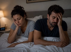 Casal exausto sentado na cama