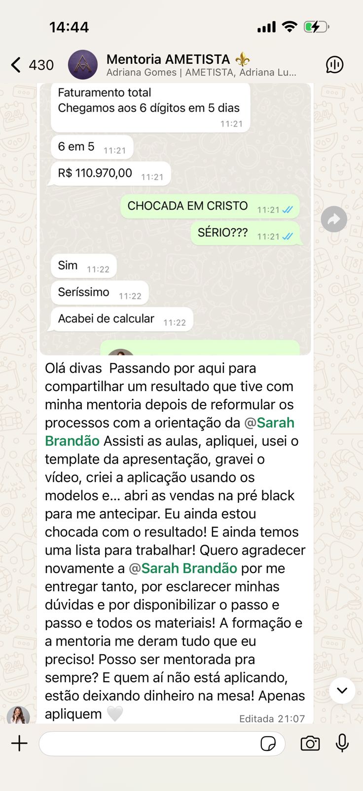 Depoimento de mentorada Ametista